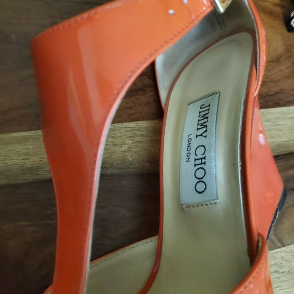 Authentic Jimmy Choo T Strap Orange Wedge Sandal Size 37.5/7.5 - Picture 3 of 4